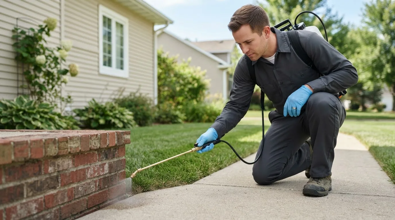 Pest control technician treating a home near Monona, IA