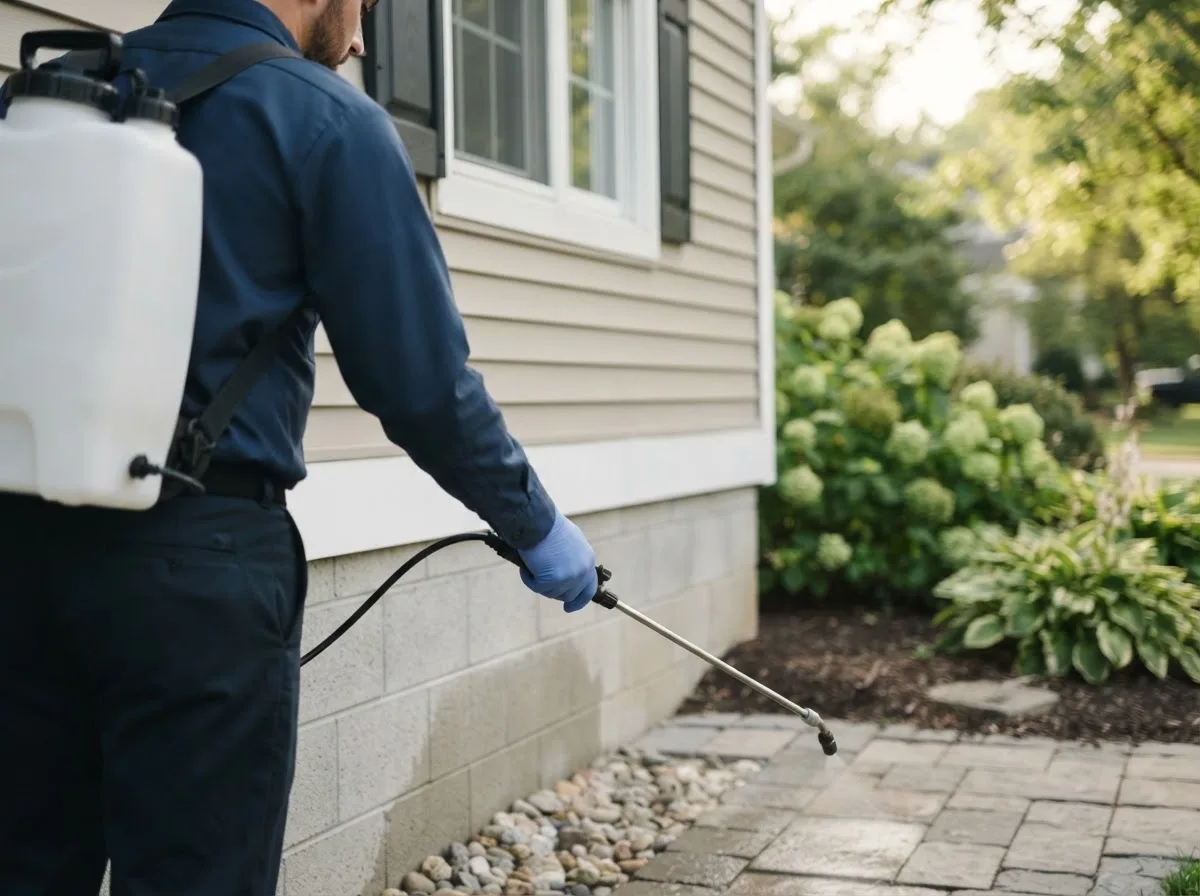 Pest control technician inspecting a home in Monona, IA